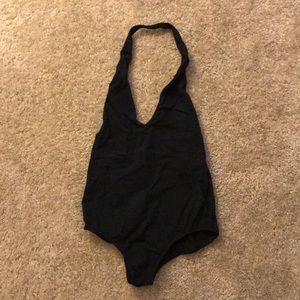 Black low back cotton halter v-neck bodysuit!